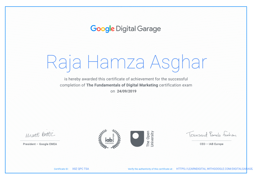 Digital hamza's google certificate that he get after completed digital marketing training